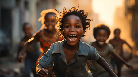 the image captures a young girl with a radiant smile and flowing hair running towards the viewer on a sunlit, bustling street, conveying a sense of pure happiness and freedom.の素材