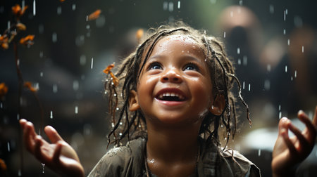 Joyful Young poor Girl Laughing Amidst Water Splashes During Outdoor Community Activity at Duskの素材