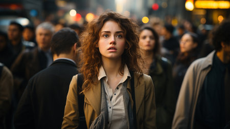 Portrait of sad woman in autumn clothes in crowdの素材