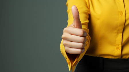 A woman in a yellow, orange shirt gives a thumbs upの素材