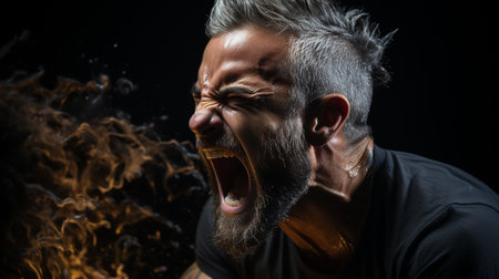 Face of screaming angry man on black backgroundの素材