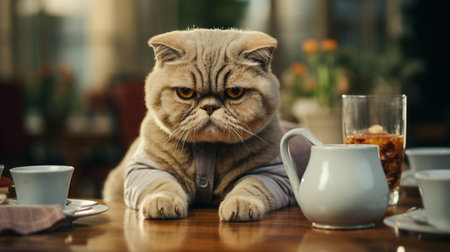 A disgruntled cat sitting at a table like a humanの素材