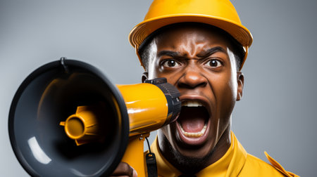 Builder in yellow construction hat shouting with loudspeaker, gray backgroundの素材