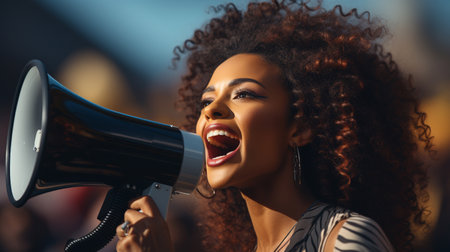 African girl with curly hair speaking on loudspeaker during protestの素材