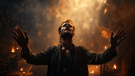 Man looking up at burning sky with hands up, spiritual conceptの素材