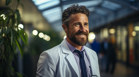 photo of smiling male doctor in hospital corridorの素材