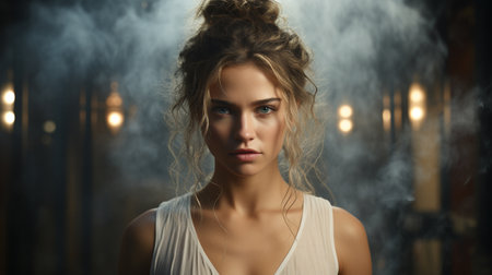 angry girl with messy hair, smoke in the backgroundの素材