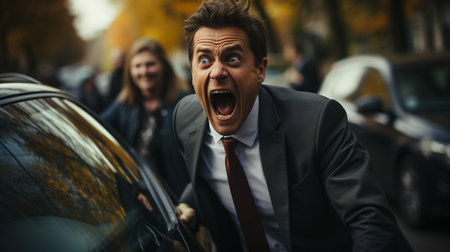 An angry man got out of a car during a traffic jam and shoutedの素材