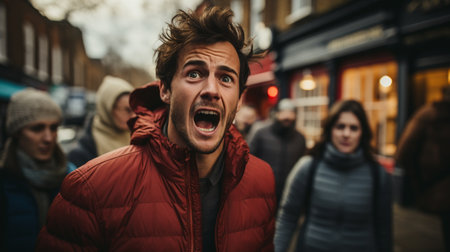 A man in a red coat shouting during a protestの素材