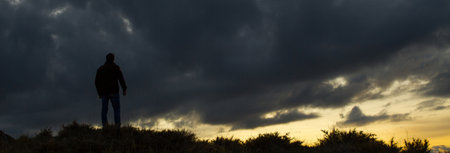 Man standing in a field under gray sky
