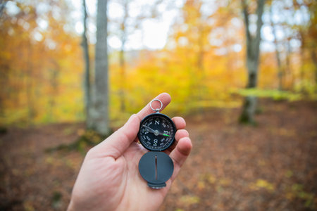Compass in man's hand, in the autumn forestの写真素材