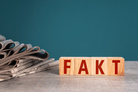 Newspapers on wooden cubes with "fact" written on them, on gray background, stock photoの写真素材