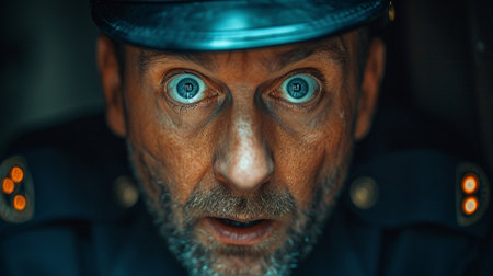 Portrait of a policeman with a scared faceの素材