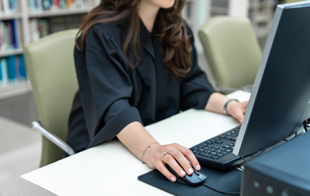 Woman working on computer in office, banking concept, stock photo