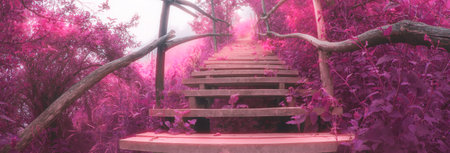 Wooden stairs overgrown with pink shrubs leading up.