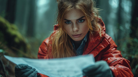 Female detective investigating a crime scene in the woodsの素材