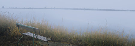Old wooden bench in autumn parkの写真素材