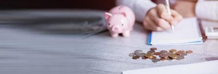 man hand notepad with coins and piggy bank
