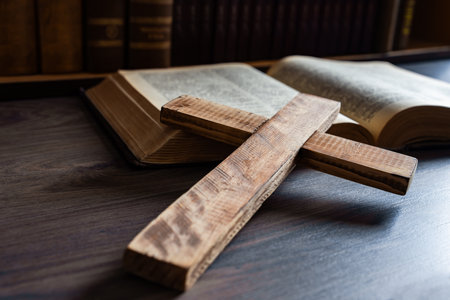 Large wooden cross on the Bible, Christian concept, religious symbolの写真素材