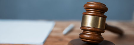 Document with judge on wooden tableの写真素材