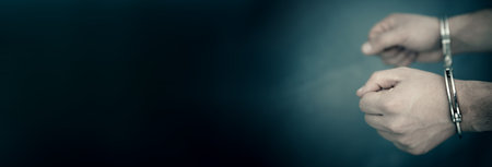 man hand handcuffs on dark backgroundの写真素材