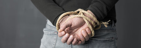 Hands tied up with rope in roomの写真素材