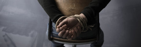 Hands tied up with rope on dark backgroundの写真素材