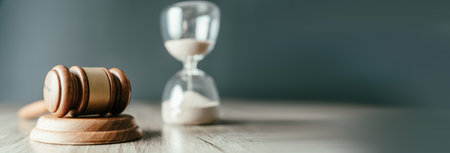 Judge's gavel and hourglass on the tableの写真素材