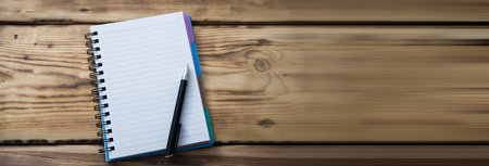 Blank open notebook and pen on wooden table