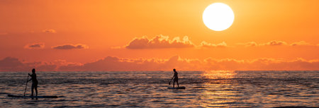 People surfing with a paddle in the sea at sunset