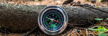 Compass in the autumn forest during the dayの写真素材