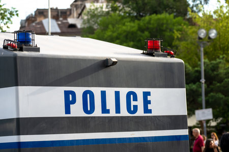 A police car during the protests, with "Police" written on itの写真素材
