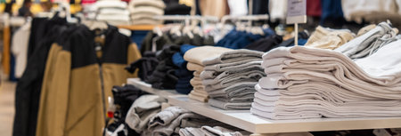 Clothing store, clothes arranged on shelvesの写真素材