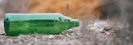 Beer bottle lying on the groundの写真素材