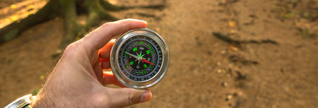 The compass in the hands of the traveler, forest