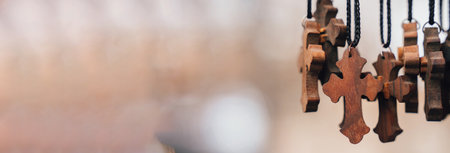 wooden Christian cross necklaces, Cross necklaces and Christian souvenirs in bazaar gift shop in Old Jerusalemの写真素材
