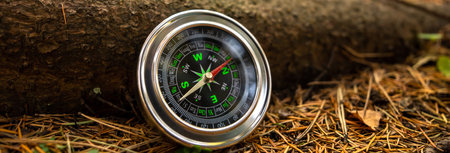Traveler's compass on forest grassの写真素材