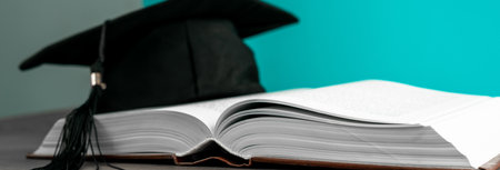 Scholar's Odyssey: Open Book with Classic Academic Capの写真素材