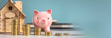 Laptop, house mockup and piggy bank on desk, Home sale and savings business conceptの写真素材