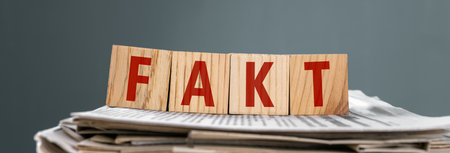 Newspapers on wooden cubes with "fact" written on them, on gray background, stock photoの写真素材