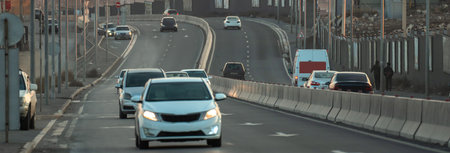 Wide highway, continuous flow of traffic on the road, road traffic, stock photoの写真素材