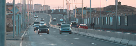 Wide highway, continuous flow of traffic on the road, road trafficの写真素材