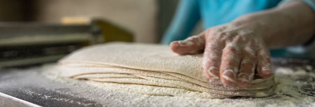 A baker working with Lavash bread doughの写真素材