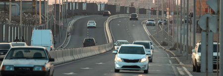 Wide highway, continuous flow of traffic on the road, road traffic, stock photoの写真素材
