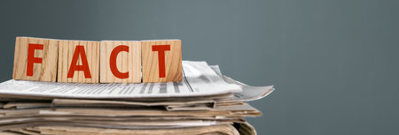 Newspapers on wooden cubes with "fact" written on them, on gray background, stock photoの写真素材