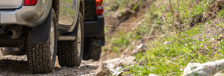 All-terrain vehicles on a rocky, impassable mountain roadの写真素材