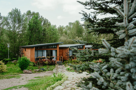 Wooden modern hotel cabin in the forest