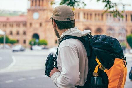 A tourist walks in the city of Yerevanの写真素材