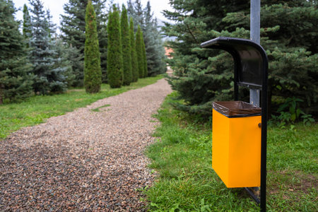 Garbage bin in green spruce garden, ecological conceptの写真素材