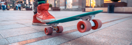 Close up of legs of boy skateboarding, sports concept, stock photoの写真素材